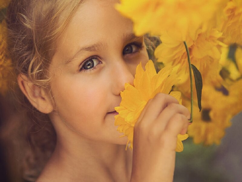 Young Girl with Sunflowers — Yellow, Serene