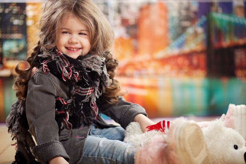 Young Girl with Teddy Bear — Gray