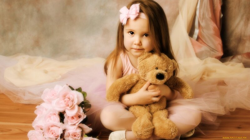 Young Girl with Teddy Bear — Pink, Calm