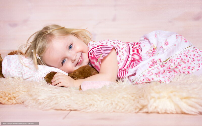 Young Girl with Teddy Bear — Pink, Happy