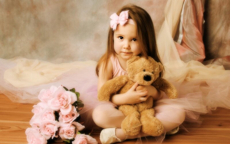Young Girl with Teddy Bear — Pink, Serene