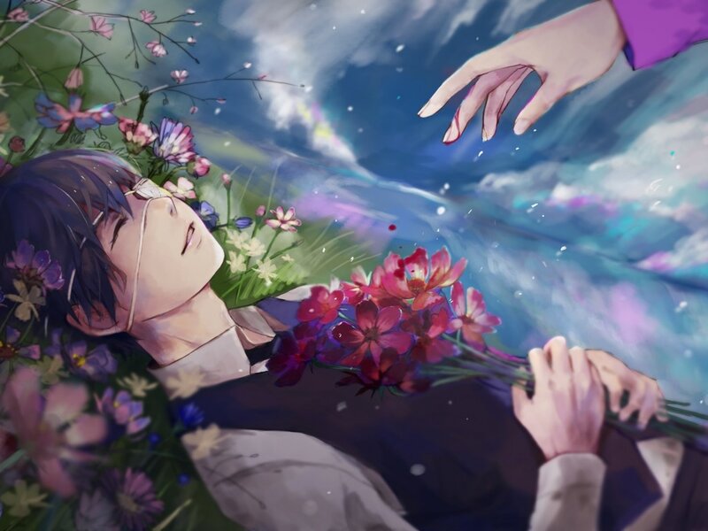 Young Man Holding Flowers — Blue