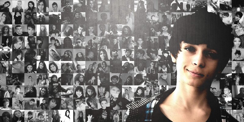 Young Man in Front of Photo Collage