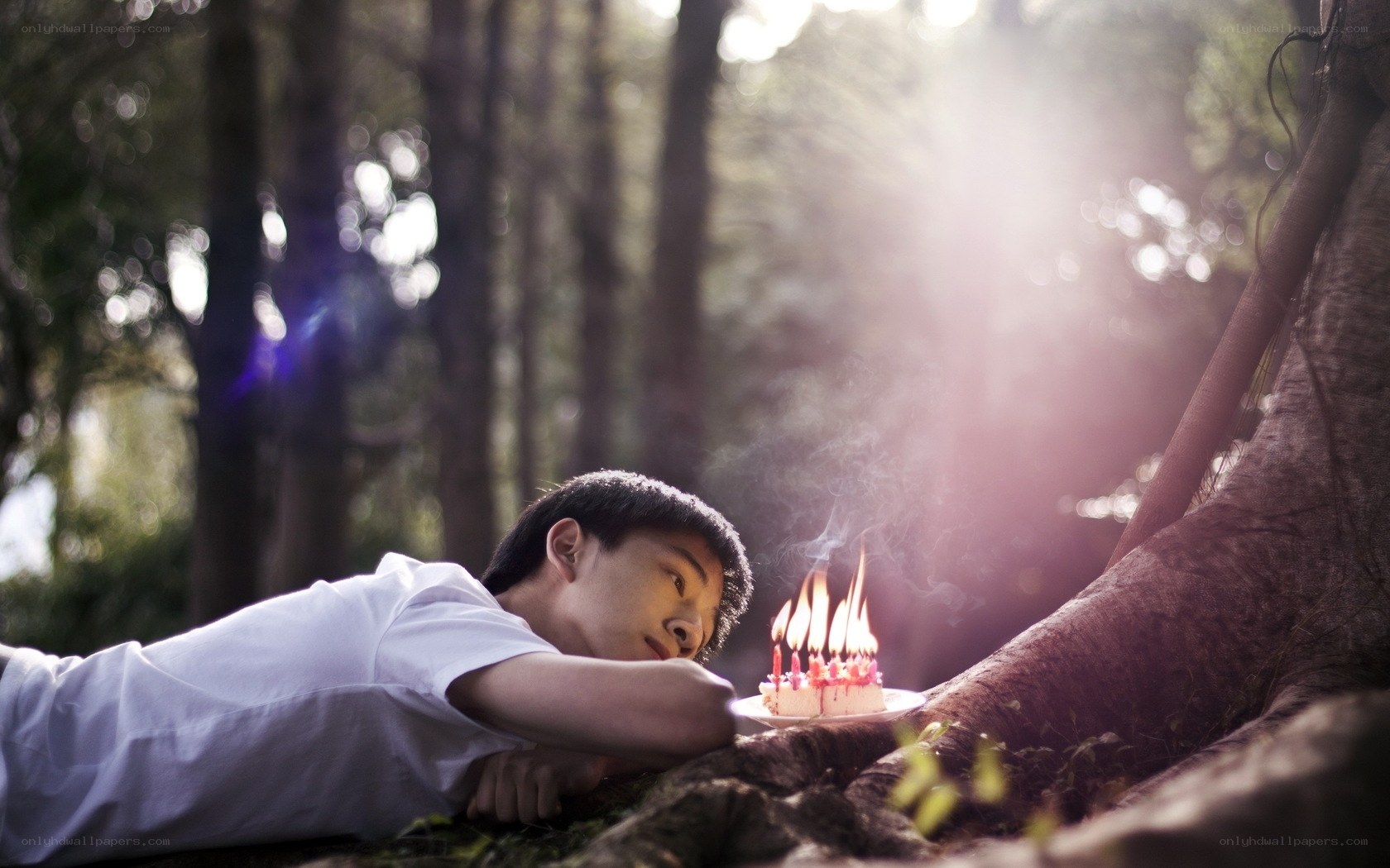 Young man with birthday cake in forest