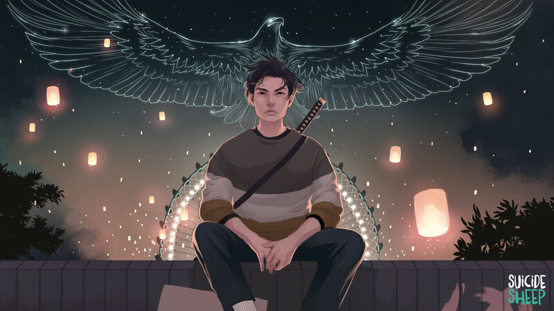 Young Man with Sword — Black, Dramatic, Night