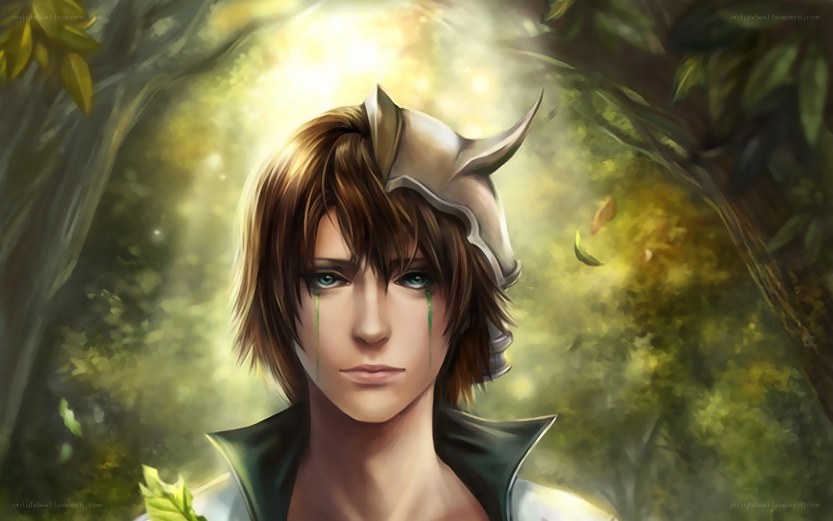 young man with tears in forest