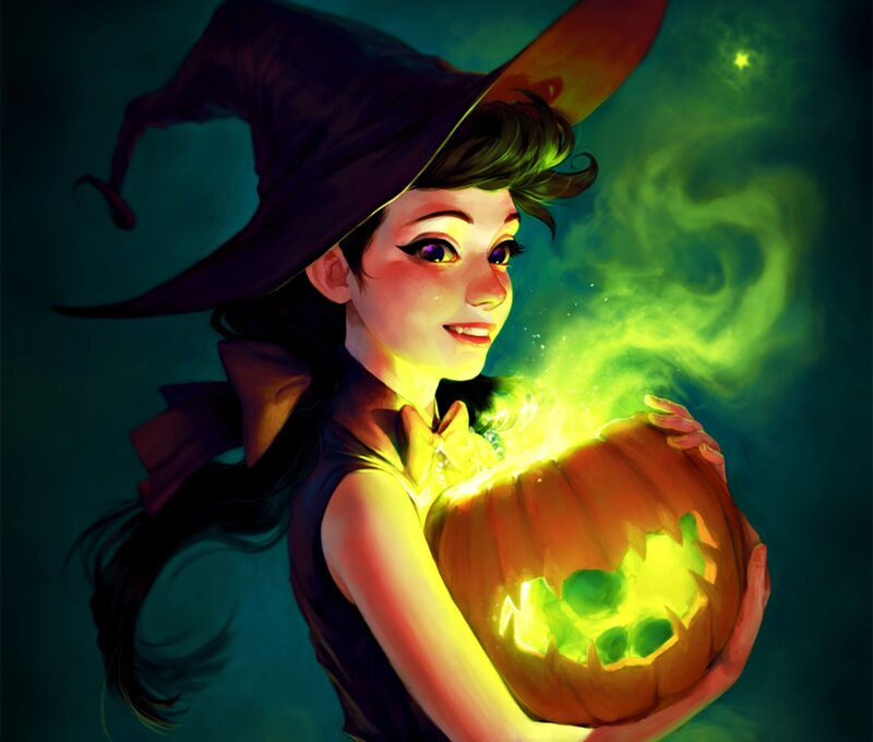 Young Witch Holding Pumpkin