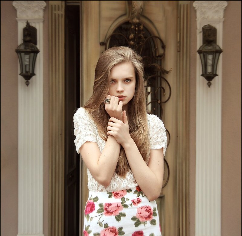 Young Woman in Floral Dress — White