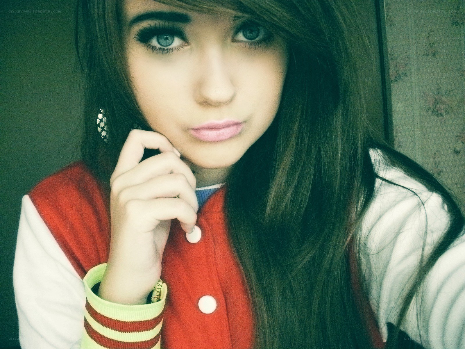 young woman in red jacket