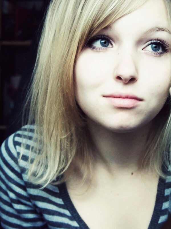 Young Woman with Blonde Hair — Neutral, Photograph, Striped Shirt, Blue Eyes, Blue