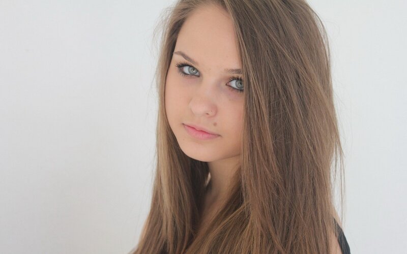 Young Woman with Brown Hair — Neutral, Photograph, Eyes, White Background