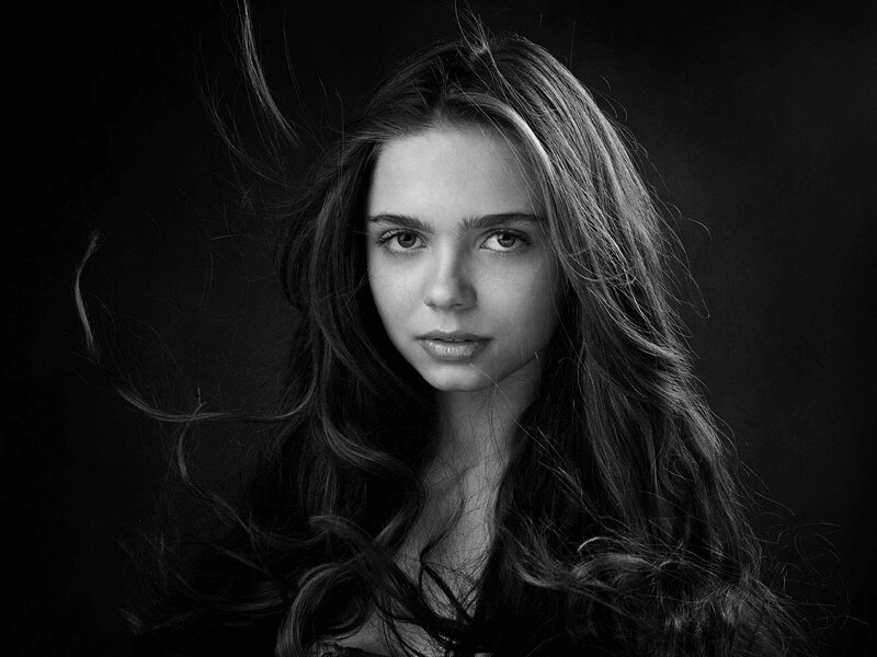 Young Woman with Long Hair — Black, Dramatic