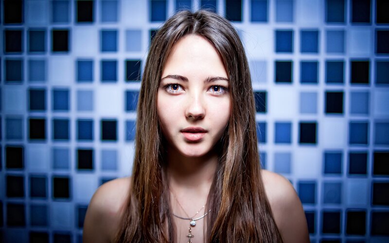 Young Woman with Long Hair — Blue, Neutral, Photograph