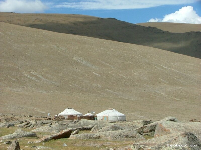 Yurts in a rocky landscape