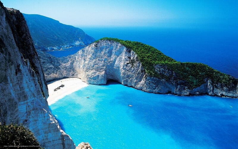 Zakynthos Beach Cove — Blue, Serene, Afternoon, Photograph, Cliffs, Boat, Sea