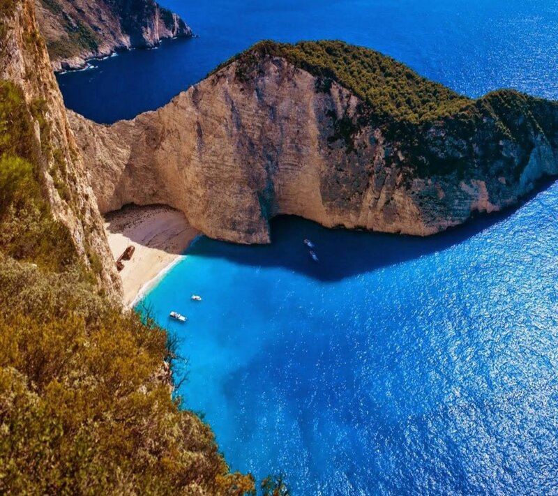 Zakynthos Beach Cove — Blue, Serene, Afternoon, Photograph, Cliffs, Boats