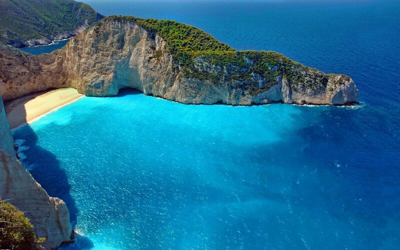 Zakynthos Beach Cove — Blue, Serene, Afternoon, Photograph, Cliffs, Sand, Sea