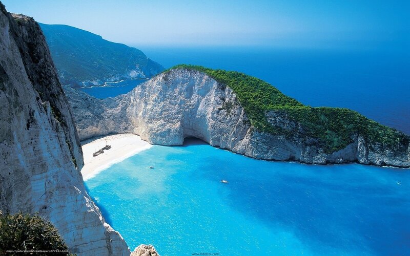 Zakynthos Beach Cove — Blue, Serene, Afternoon, Photograph, Cliffs, Sea, Boat