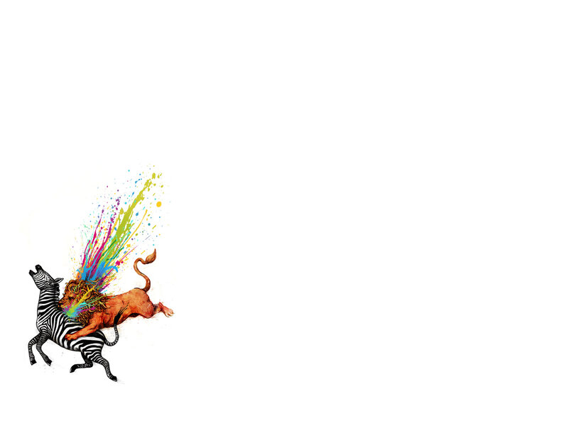 zebra and lion in colorful chaos