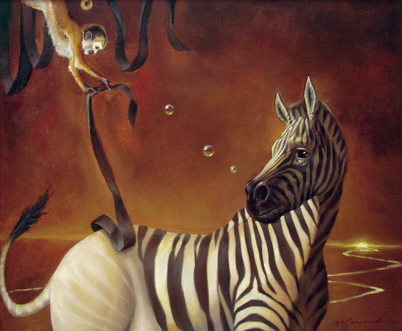 Zebra and monkey in surreal scene
