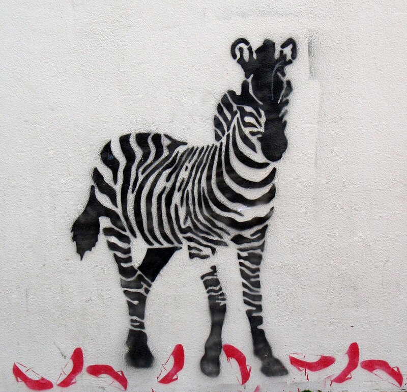 zebra graffiti with red shoes