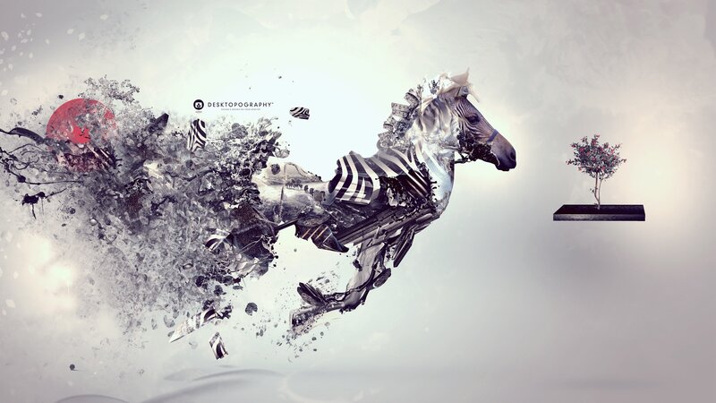 Zebra in Motion — White, Dramatic, Digital Art