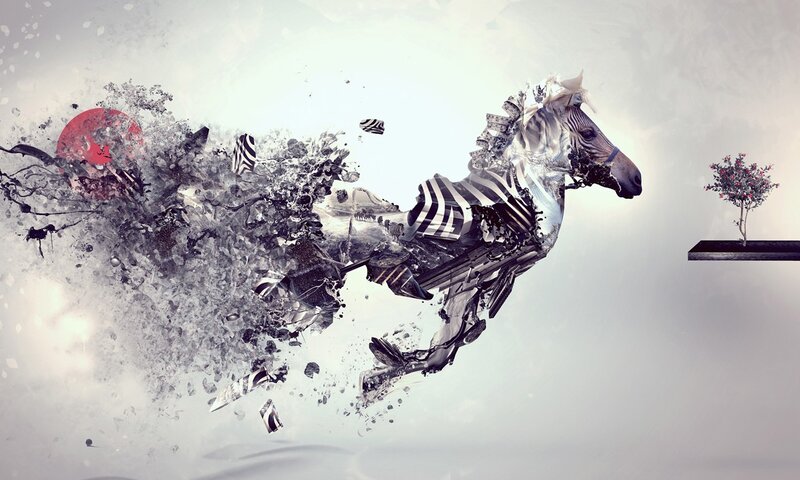 Zebra in Motion — White, Dramatic, Digital Art, Tree, Red Circle