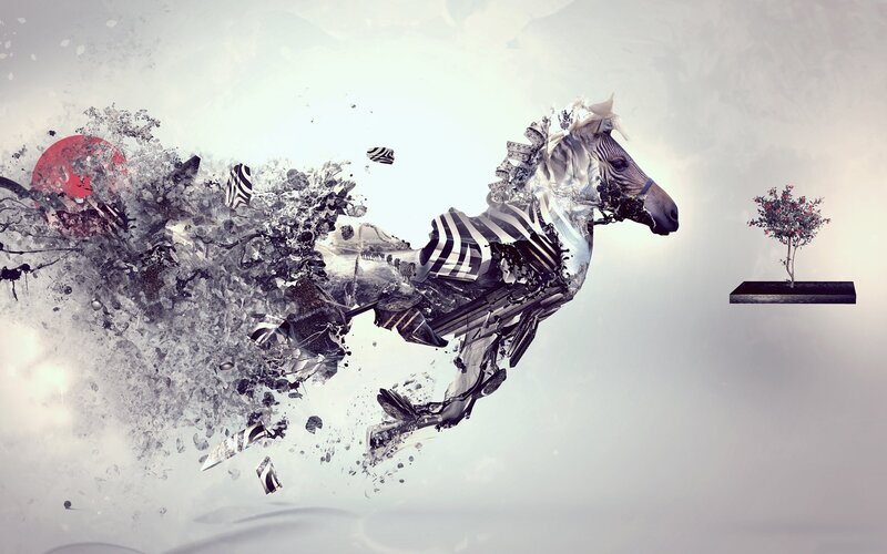 Zebra in Motion — White, Dramatic, Digital Art, Tree, Red Sphere, Debris, Black
