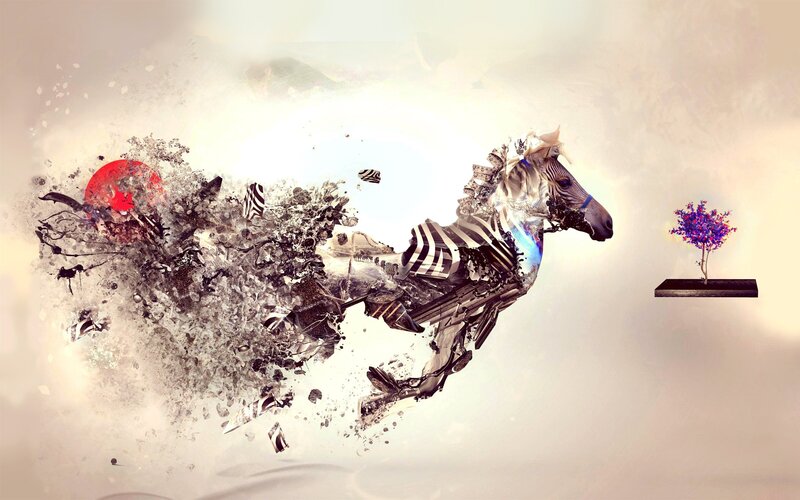 Zebra in Motion — White, Dramatic, Digital Art, Tree, Red Sphere, Splintered Fragments, Black