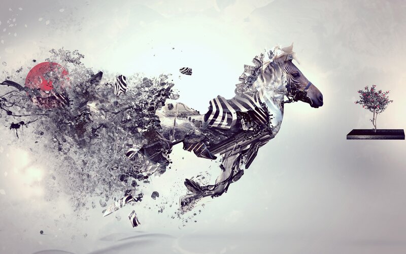 Zebra in Motion — White, Dramatic, Digital Art, Tree