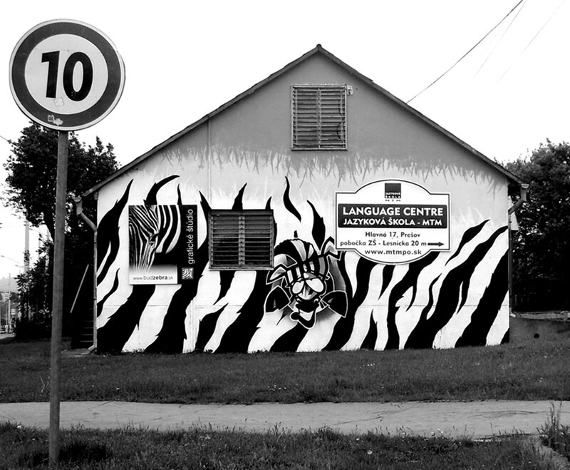 Zebra mural on building