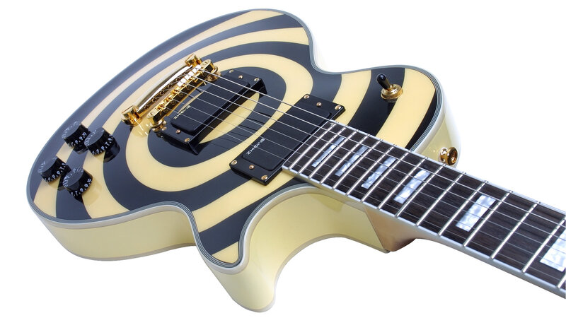 Zebra-striped electric guitar