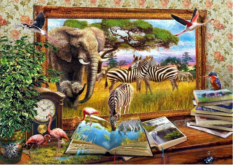 Zebras and Elephant in Painting