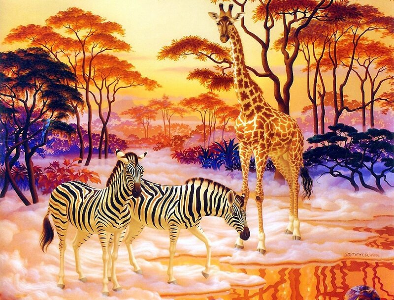Zebras and Giraffe — Orange, Serene