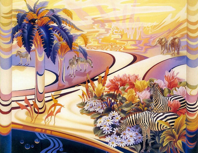 Zebras in Tropical Landscape — Yellow