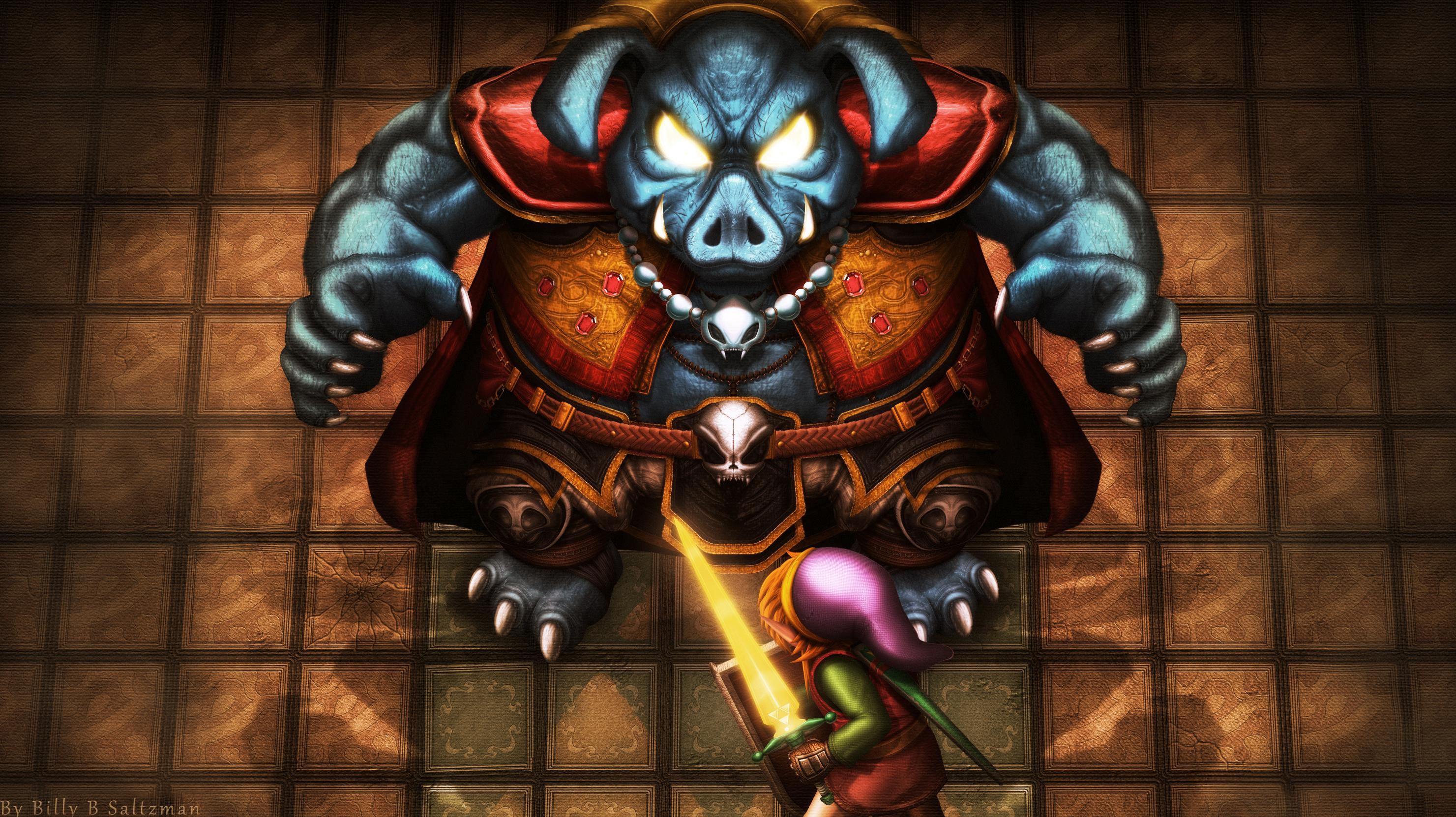 Zelda character facing pig monster