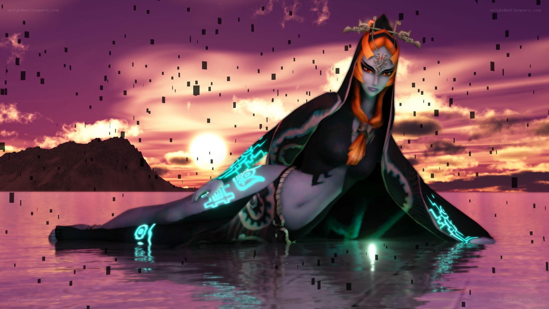 Zelda character in water at sunset