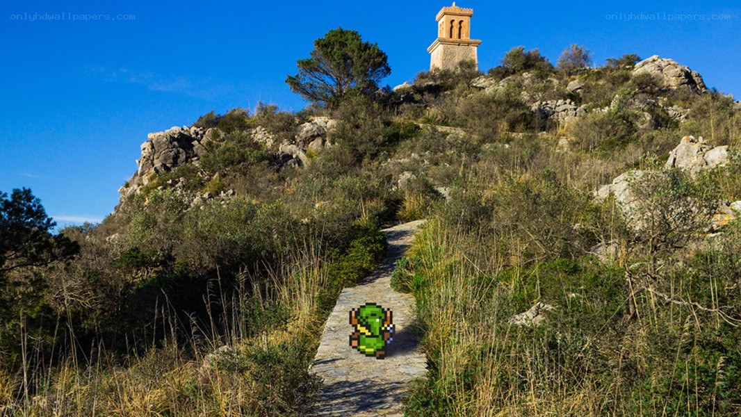 Zelda character on a mountain path