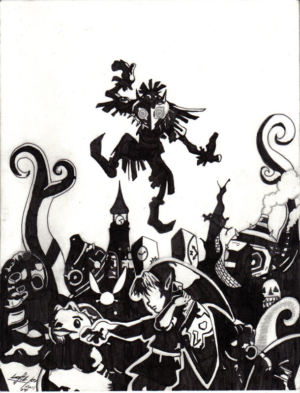 Zelda characters in black and white
