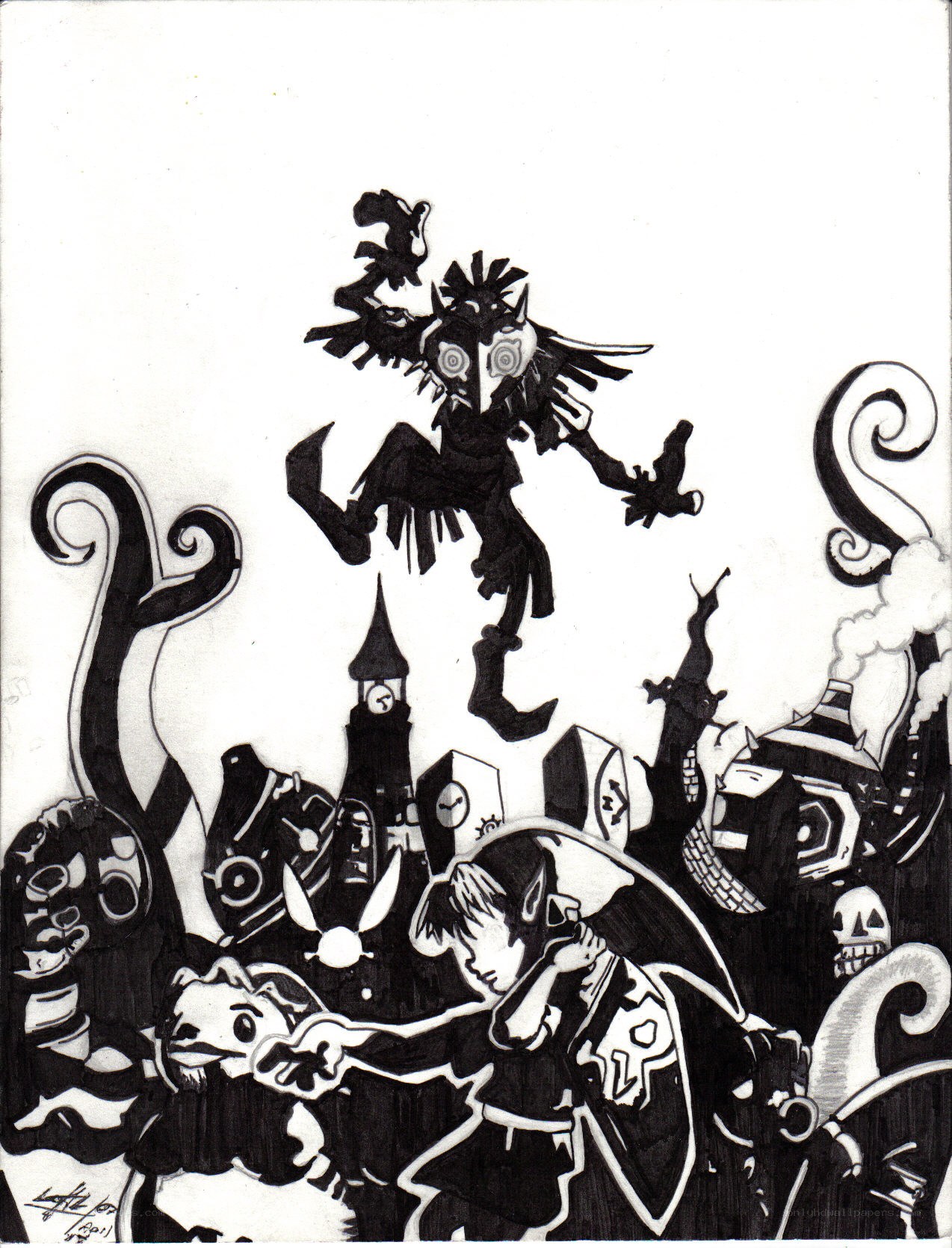 Zelda characters in black and white