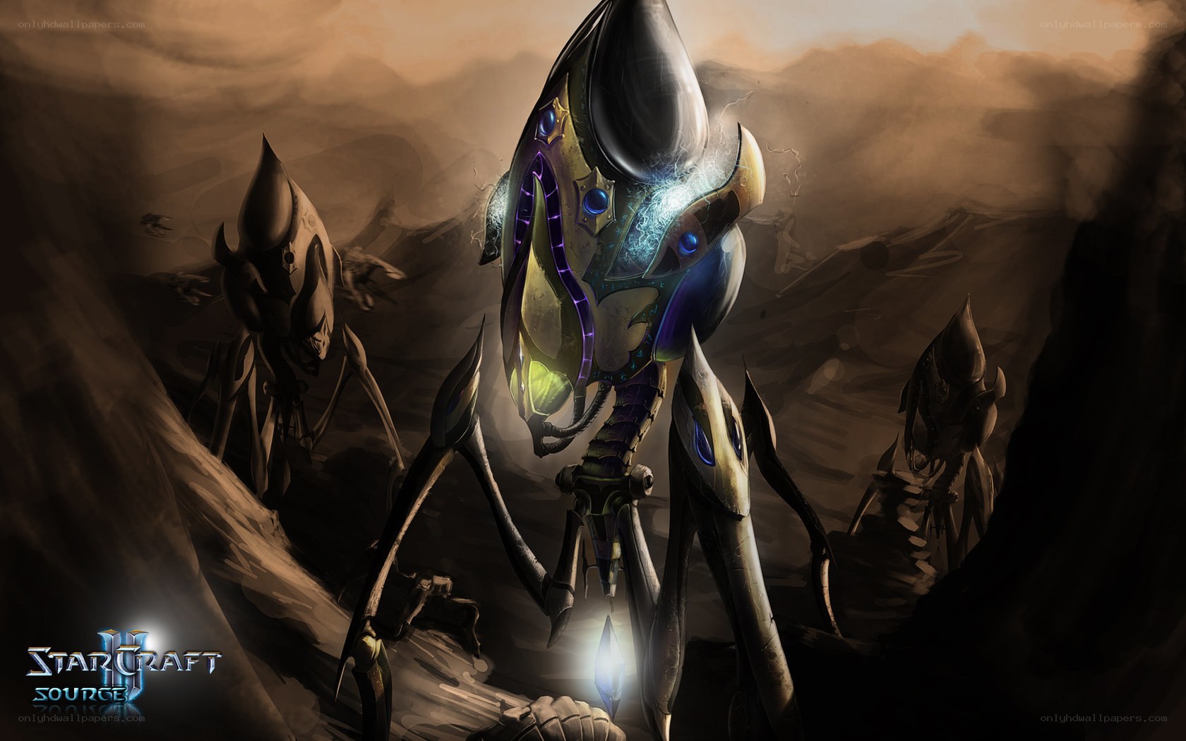 Zerg units in a desert landscape