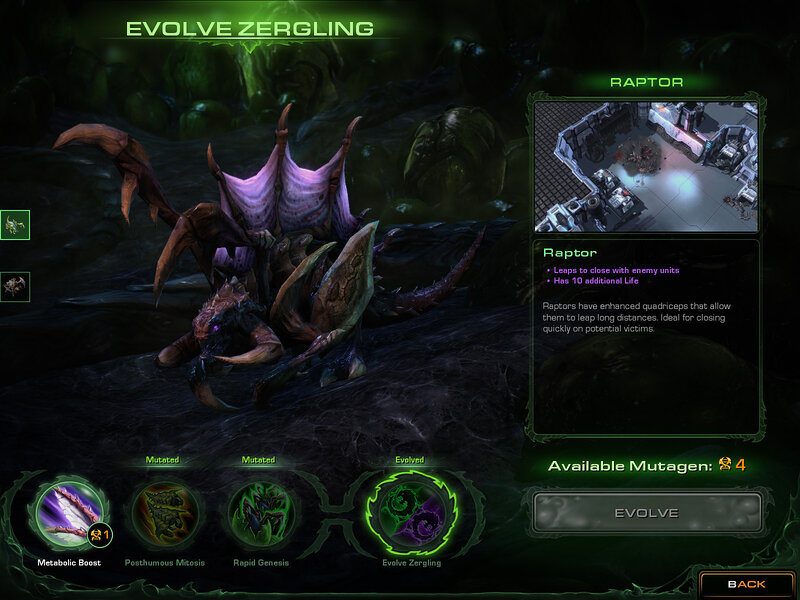 Zergling evolution screen