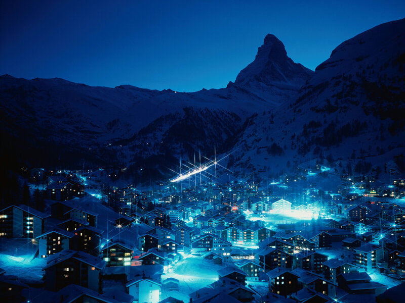 Zermatt Village at Night — Blue, Serene, Photograph, Matterhorn Mountain