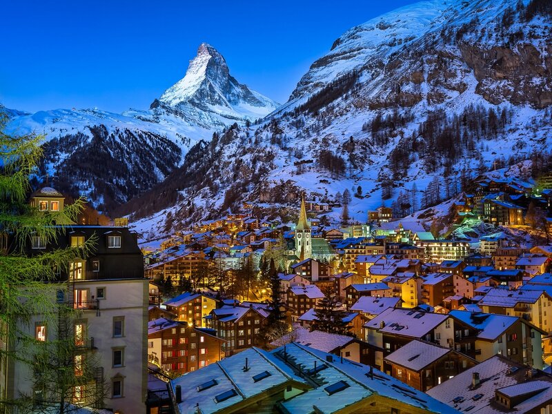 Zermatt Village at Night — Blue, Serene