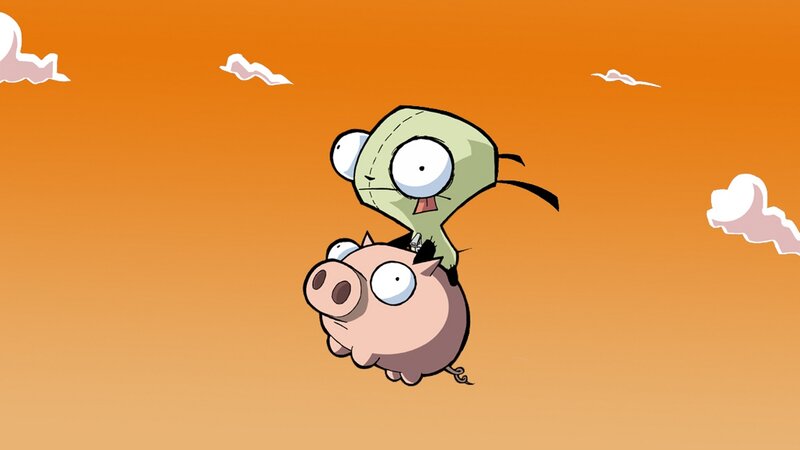 Zim and Gir flying on a pig