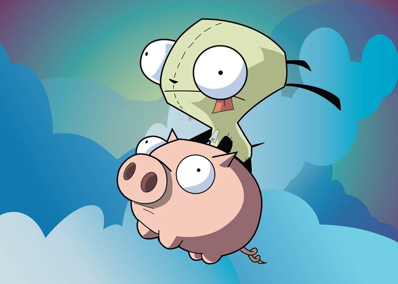 Zim and Gir flying on a pig