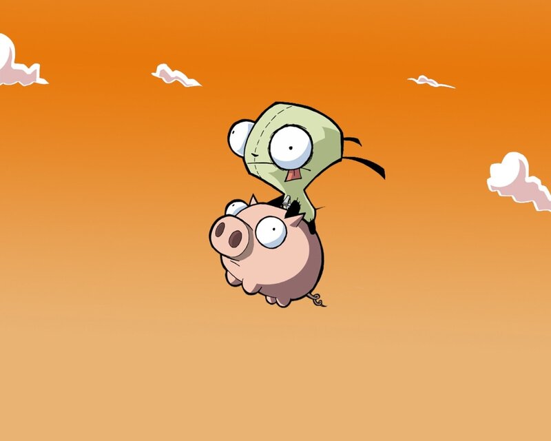 Zim and Gir flying on a pig