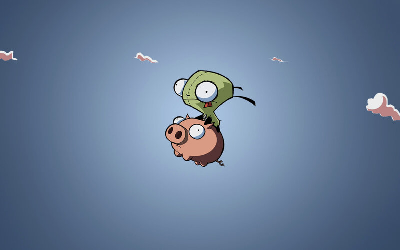 Zim and Gir flying with a pig