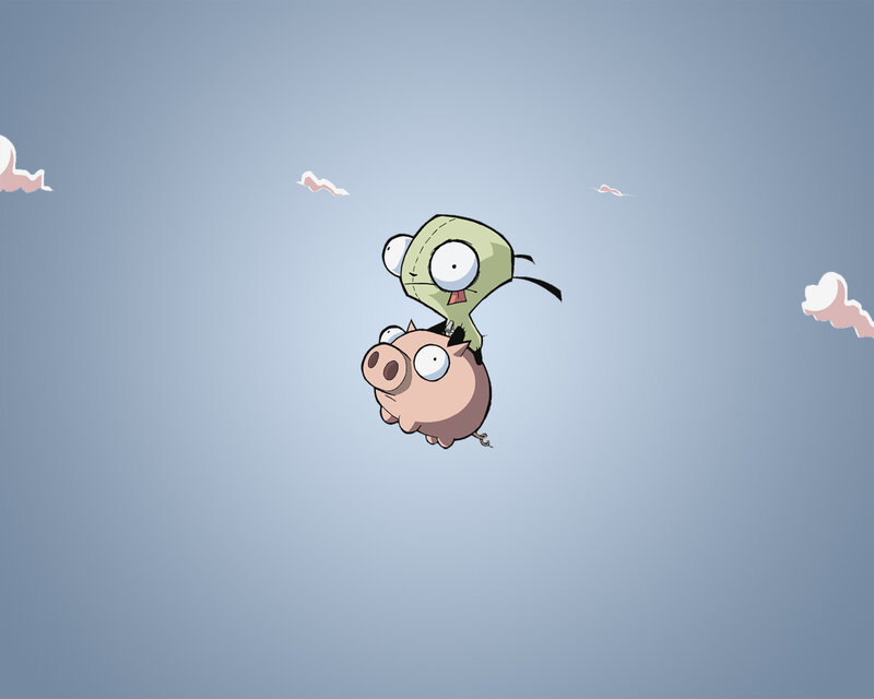 Zim and Gir flying with a pig