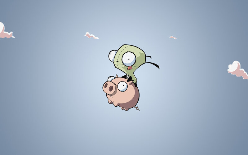 Zim and Gir flying with a pig